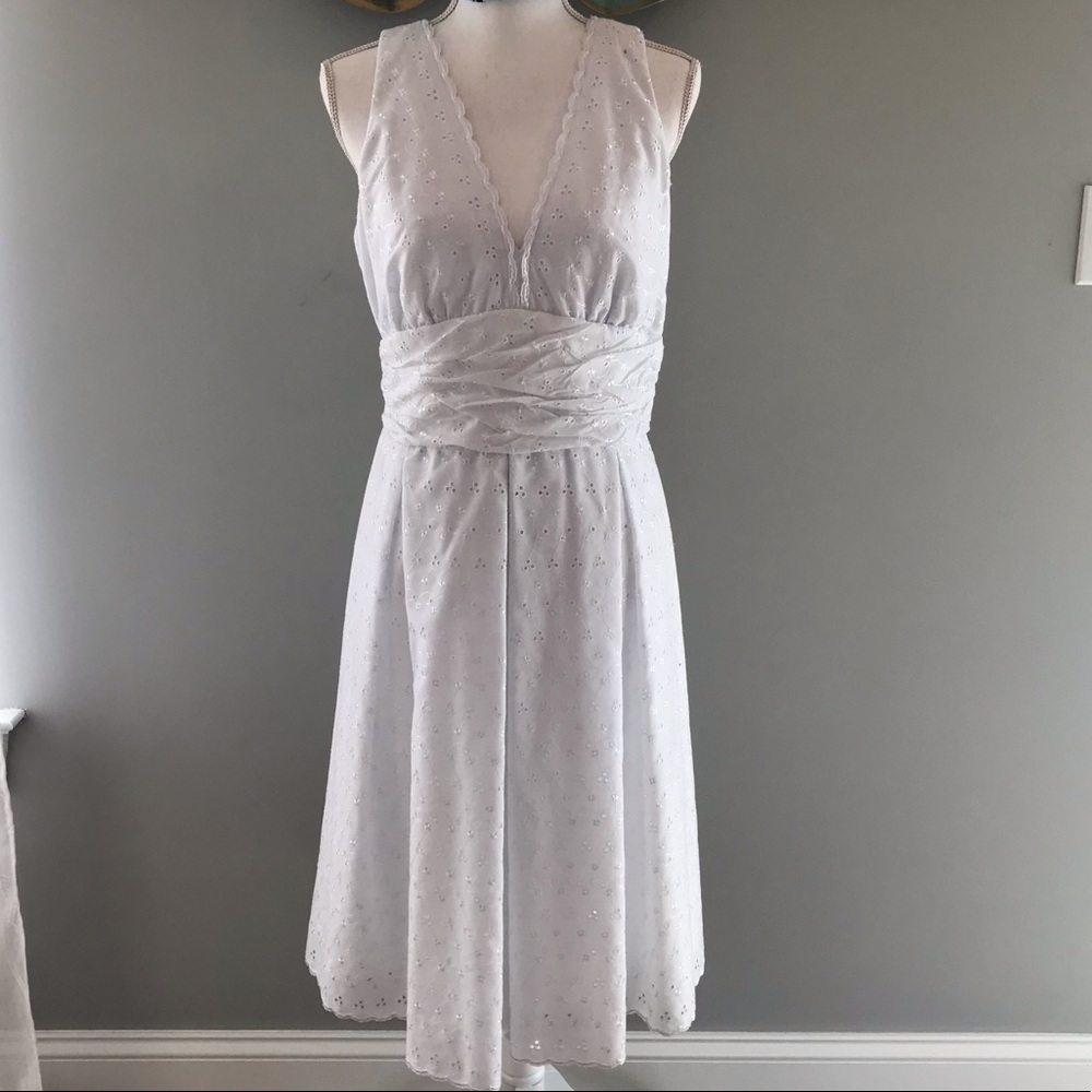 White Eyelet Summer Dress with Waist Flattering Cumberbund